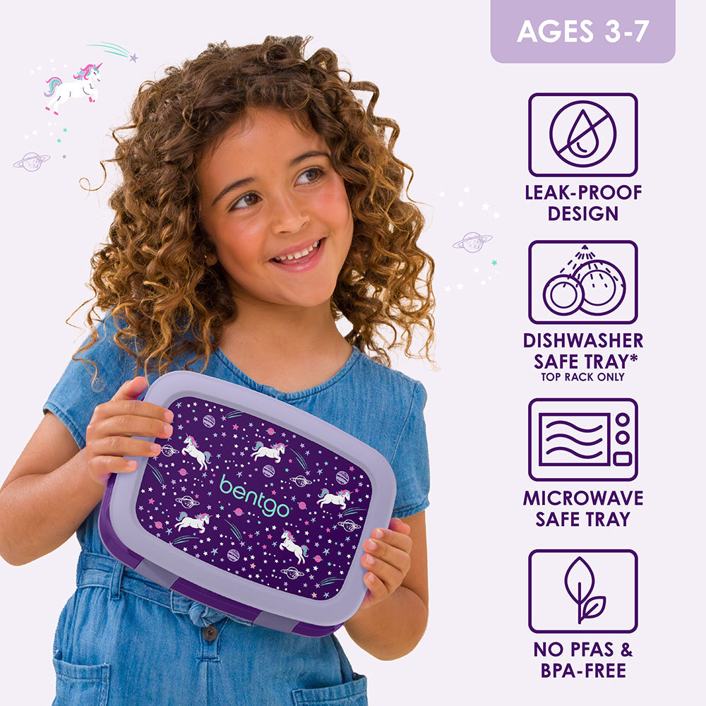 Bentgo Kids Prints Lunch Box - Unicorn | Leak-Proof Design, Dishwasher Safe Tray (Top Rack Only), Microwave Safe Tray And No PFAS & BPA-Free
