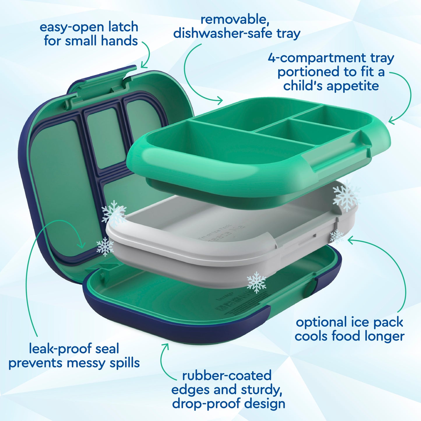Bentgo® Chill Kids Lunch & Snack Box - Green/Navy | Easy-Open Latch For Small Hands, Removable, Dishwasher-Safe Tray, 4-Compartment Tray Portioned To Fit A Child’s Appetite, Leak-Proof Seal Prevents Messy Spills, Optional Ice Pack Cools Food Longer, Rubber-Coated Edges And Sturdy, Drop-Proof Design