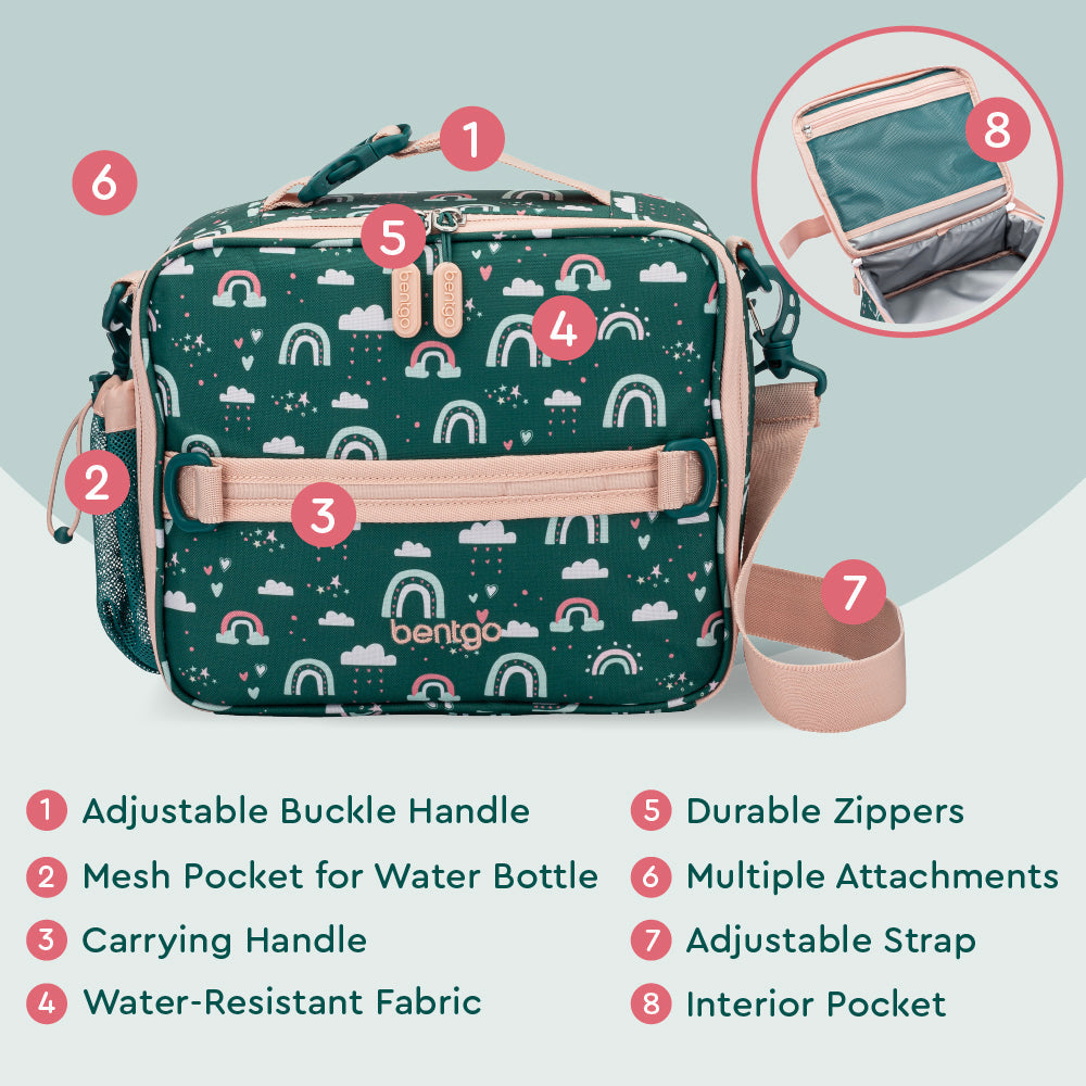 Bentgo® Kids Prints Lunch Bag - Green Rainbow | Adjustable Buckle Handle, Mesh Pocket for Water Bottle, Carrying Handle, Water-Resistant Fabric, Durable Zippers, Multiple Attachments, Adjustable Strap, Interior Pocket