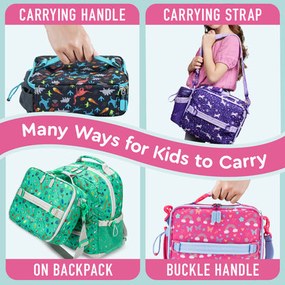 Bentgo® Kids Prints Lunch Bag - Rainbows and Butterflies | Many Ways For Kids To Carry - Carrying Handle, Carrying Strap, On Backpack, And Buckle Handle