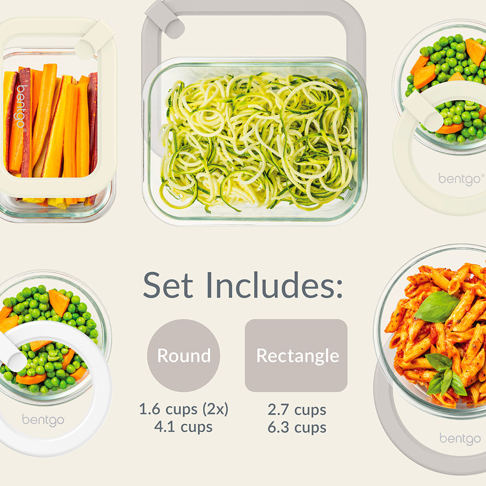 Bentgo Signature Glass Food Storage Set (10-Piece) - White Stone | Dimensions + What’s In The Box